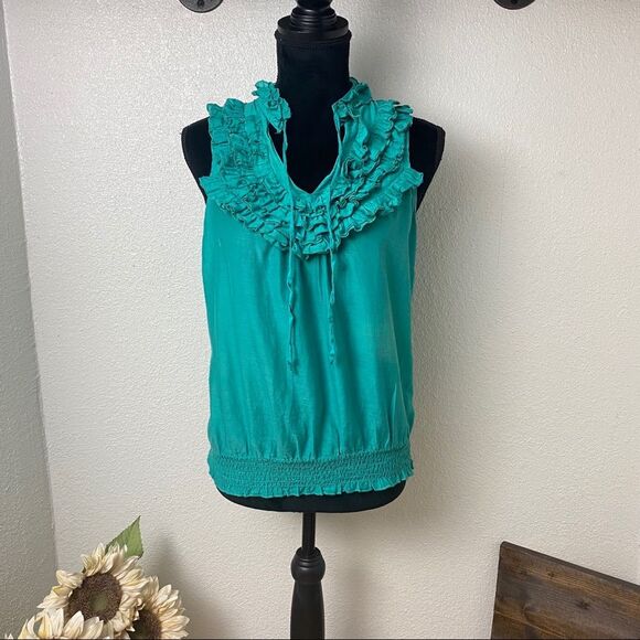 Sheer Teal/Turquoise Ruffle V-Neck - Picture 1 of 8